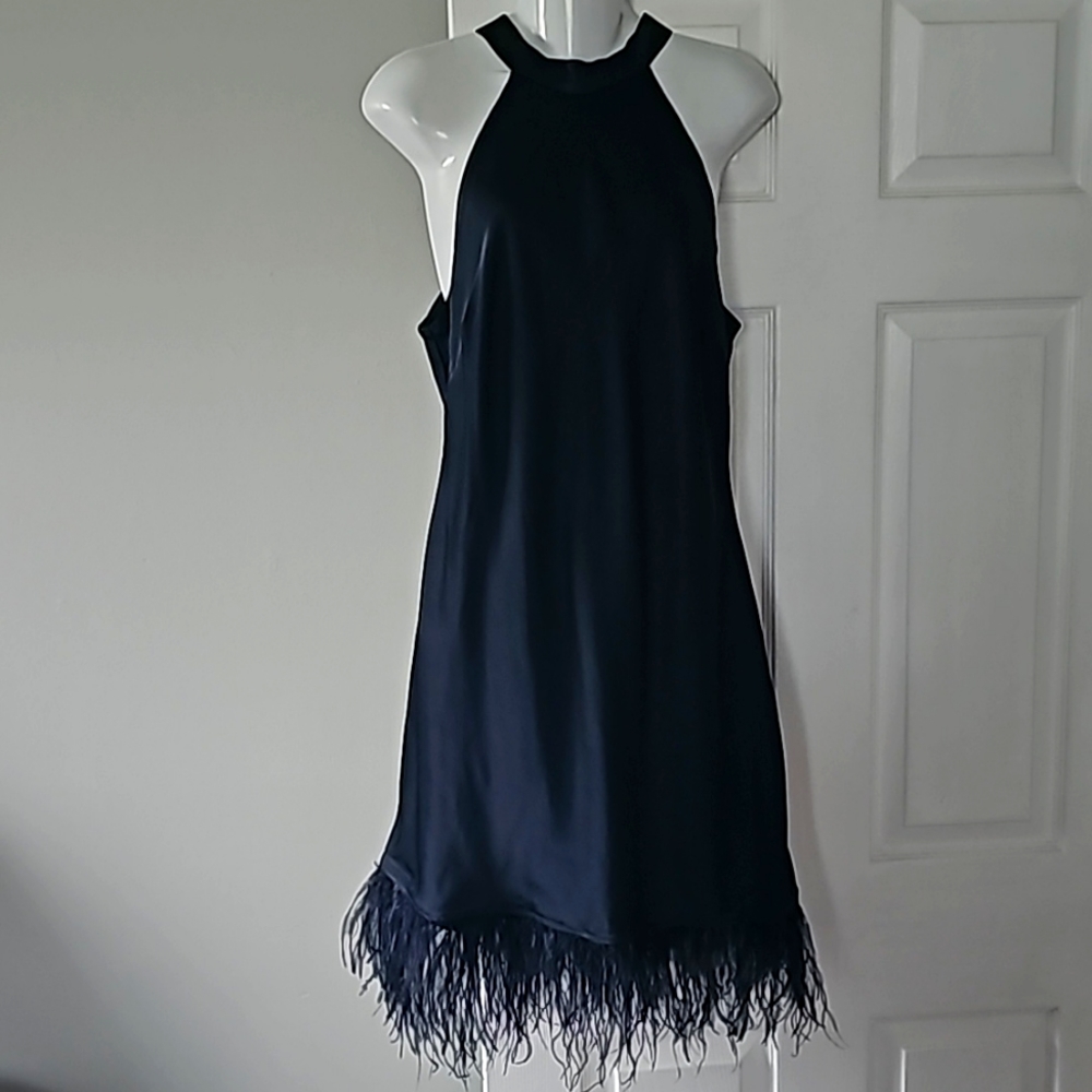 Speechless Navy Blue Dress. Feather detail on hem. Size Large. Like new. Lined.